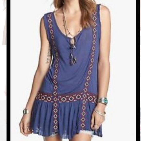 Free People Dresses & Skirts - Free People Moonlight Mile Blue Aztec Embroidered Tassel Tunic Top sz L